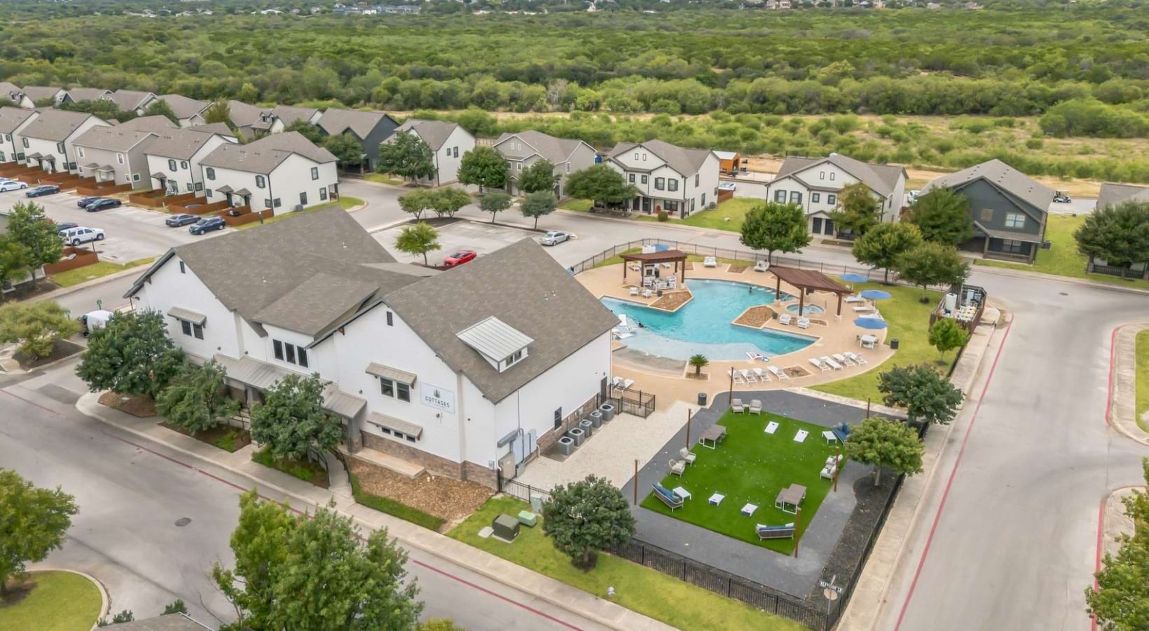 a group of buildings near a pool